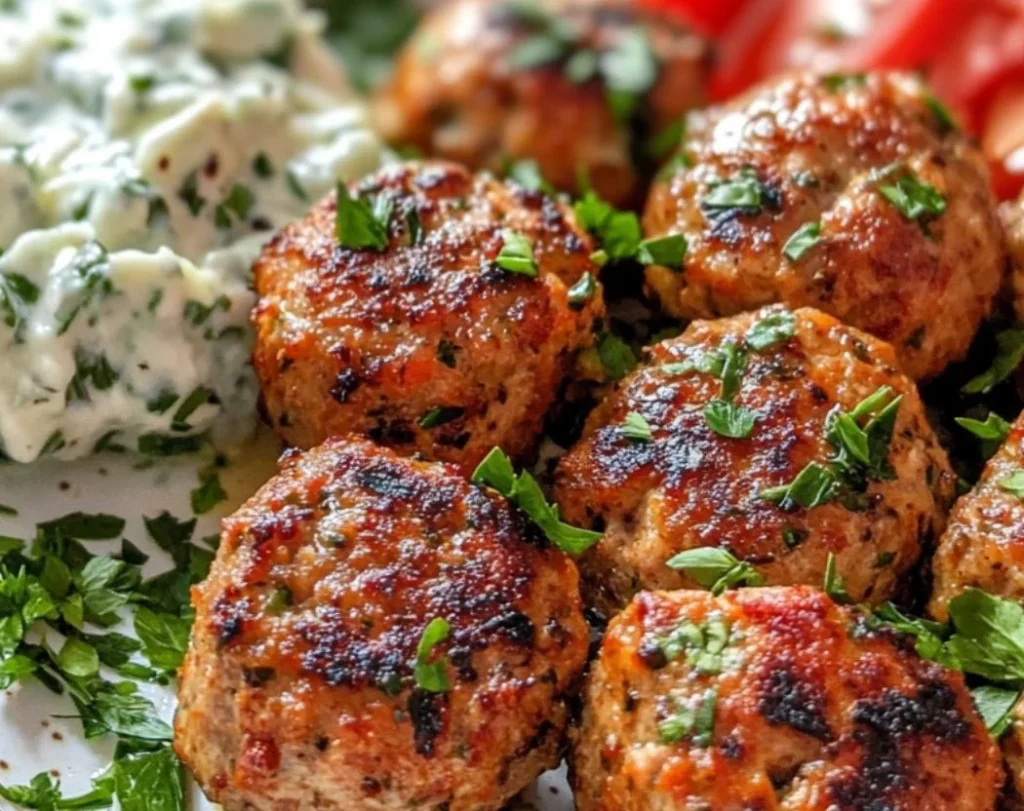 Greek Turkey Meatballs served with Tzatziki sauce on a plate