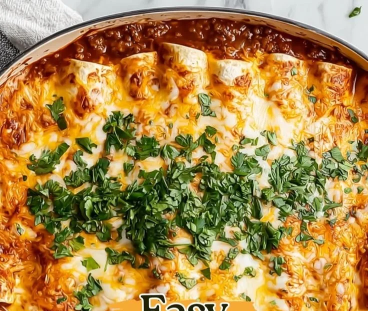 Plate of ground beef enchiladas topped with cheese and fresh herbs