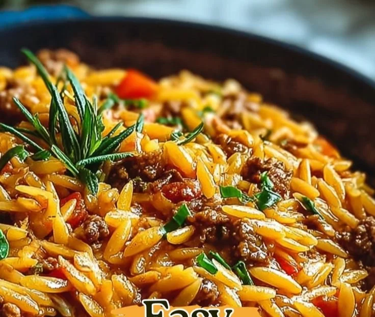 Plate of Ground Beef Orzo with vegetables and herbs