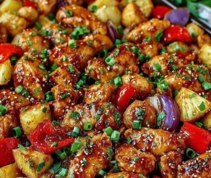 Hawaiian Chicken Sheet Pan with colorful vegetables