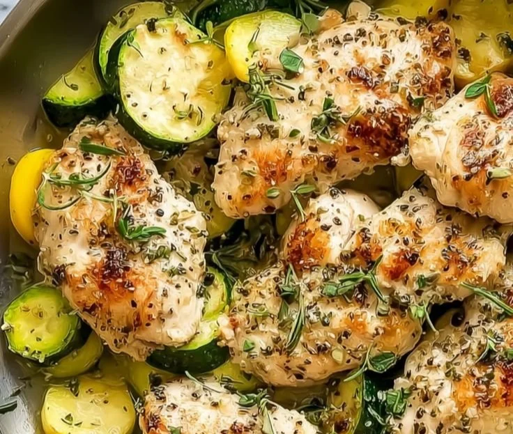 Healthy chicken breast with zucchini and squash dish