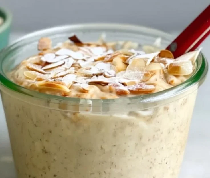 Bowl of high-protein overnight oats topped with fresh fruits and nuts