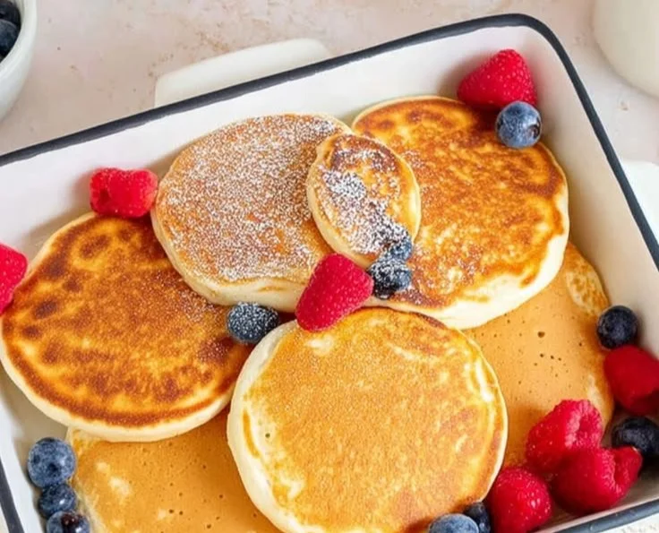 High protein pancakes topped with fruit and syrup, made with protein powder
