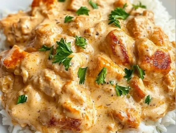 Delicious homemade creamy smothered chicken served over rice