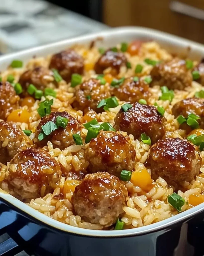 Honey Garlic Meatball Rice Bake with meatballs and rice in a savory sauce