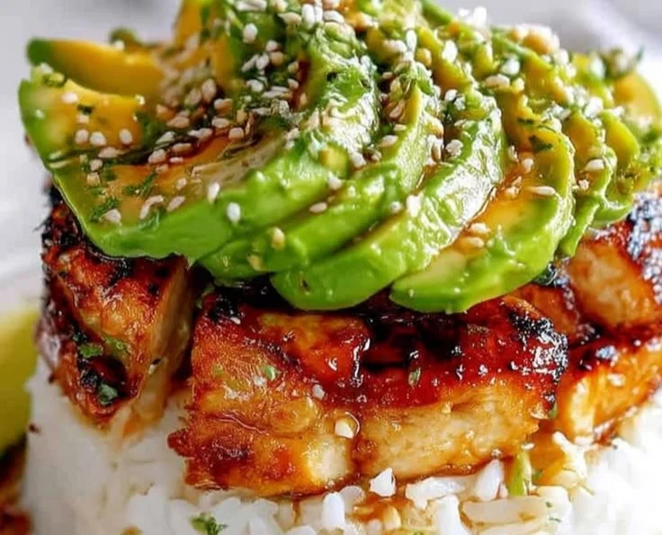 Honey Lime Chicken and Avocado Rice Stack plated beautifully.