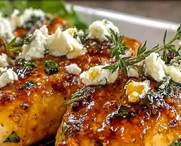 Deliciously baked hot honey feta chicken topped with honey glaze.