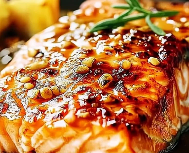 Plate of hot honey salmon garnished with herbs and served with vegetables.