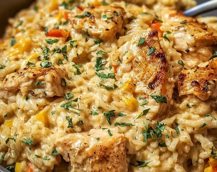 Delicious Instant Pot creamy chicken and rice served in a bowl