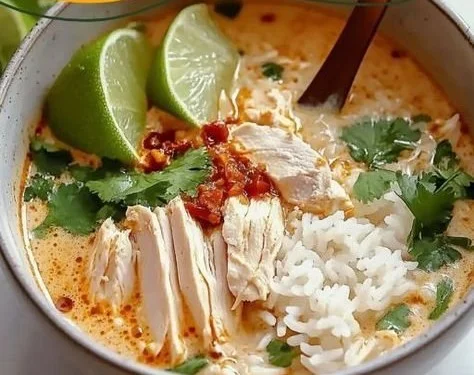 Bowl of Coconut Chicken Brothy Rice, showcasing creamy texture and tender chicken pieces.