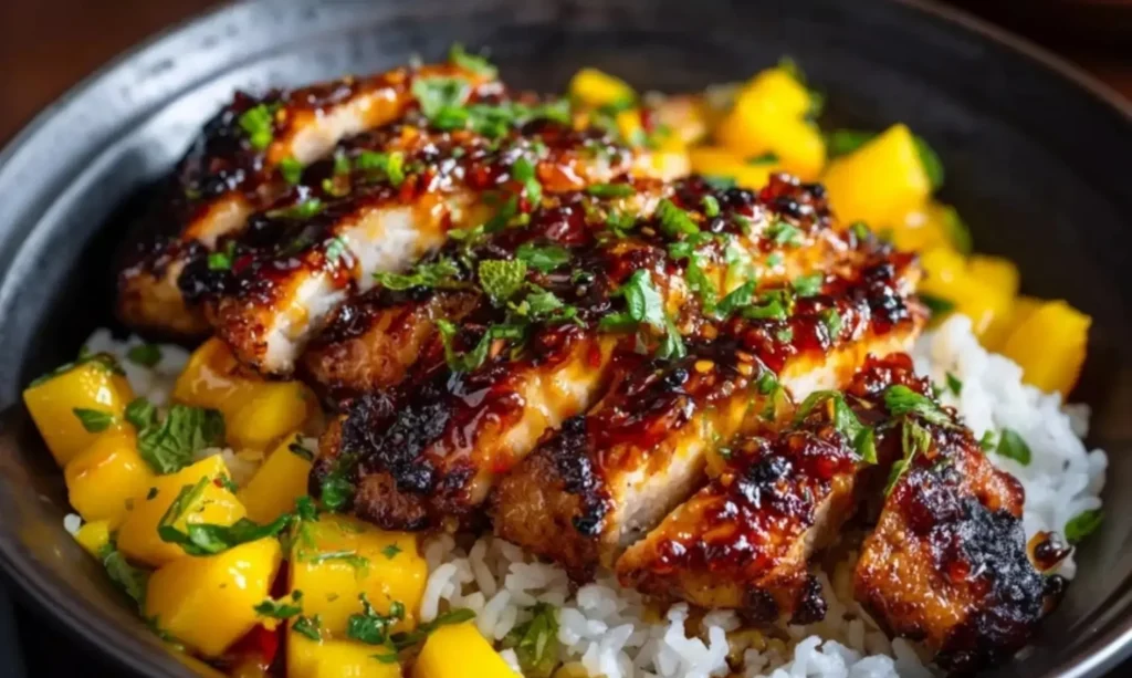 Mango glazed chicken with Asian-inspired flavors on a plate