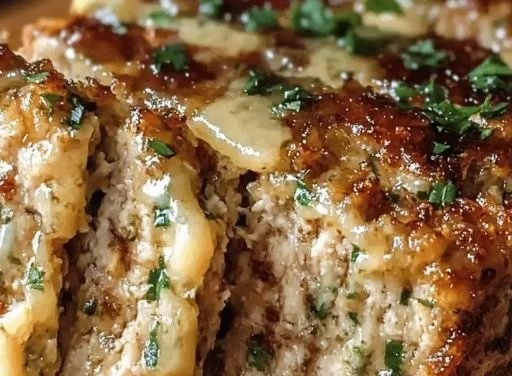Juicy garlic parmesan chicken meatloaf served with herbs and spices.