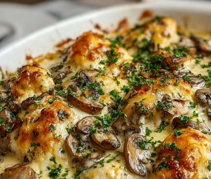 Keto Garlic Mushroom Chicken Casserole served in a rustic dish