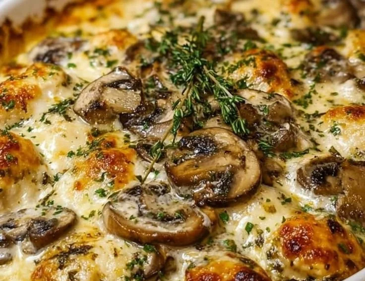 Keto Garlic Mushroom Chicken Casserole with cheese and herbs baked in a dish