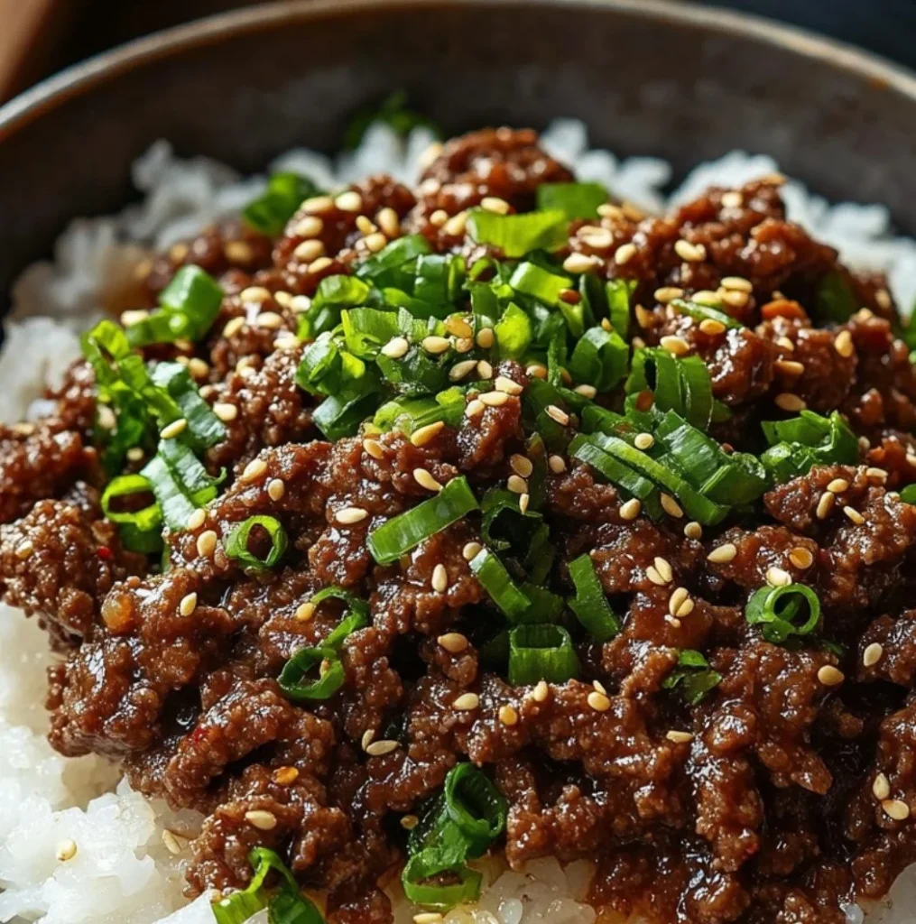 Delicious Korean Ground Beef Bowl topped with vegetables and rice