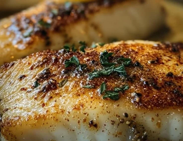 Lemon Butter Fish Fillet garnished with fresh herbs and lemon slices
