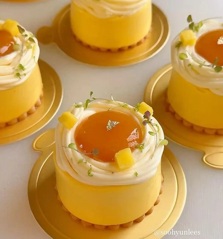 Delicious Mango Coconut Mousse with Mango-Passion Fruit Compote on a white plate
