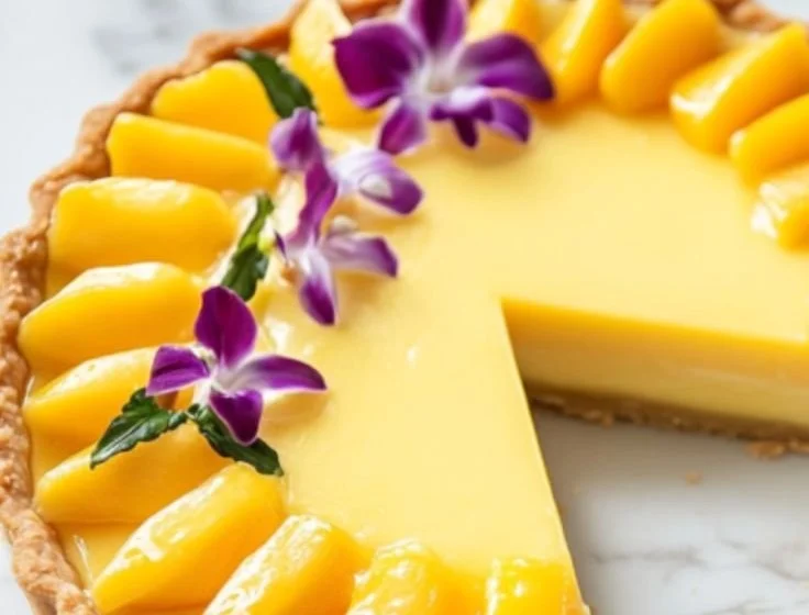 Delicious Mango Curd Tart topped with fresh mango slices and mint