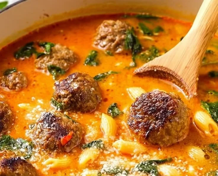 Bowl of hearty meatball soup with fresh vegetables and herbs
