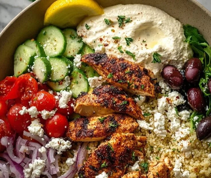 A vibrant Mediterranean Chicken Bowl filled with grilled chicken, veggies, and sauces.