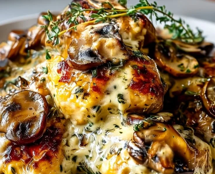Plate of Mushroom Asiago Chicken garnished with herbs and mushrooms