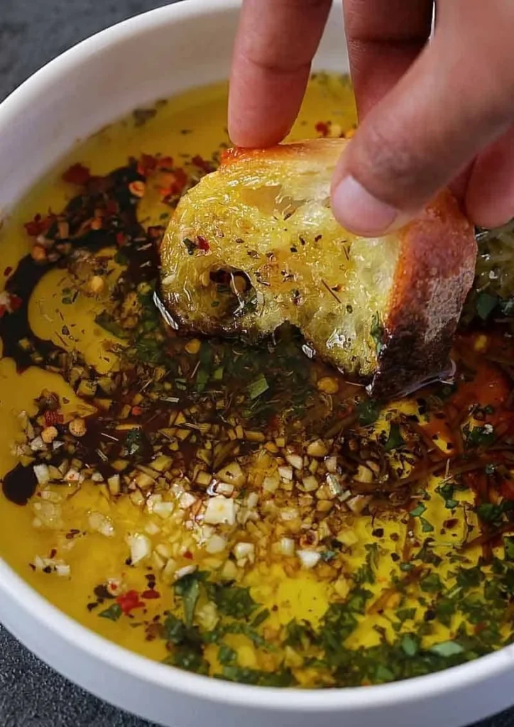 Delicious olive oil bread dip served with fresh bread for dipping.