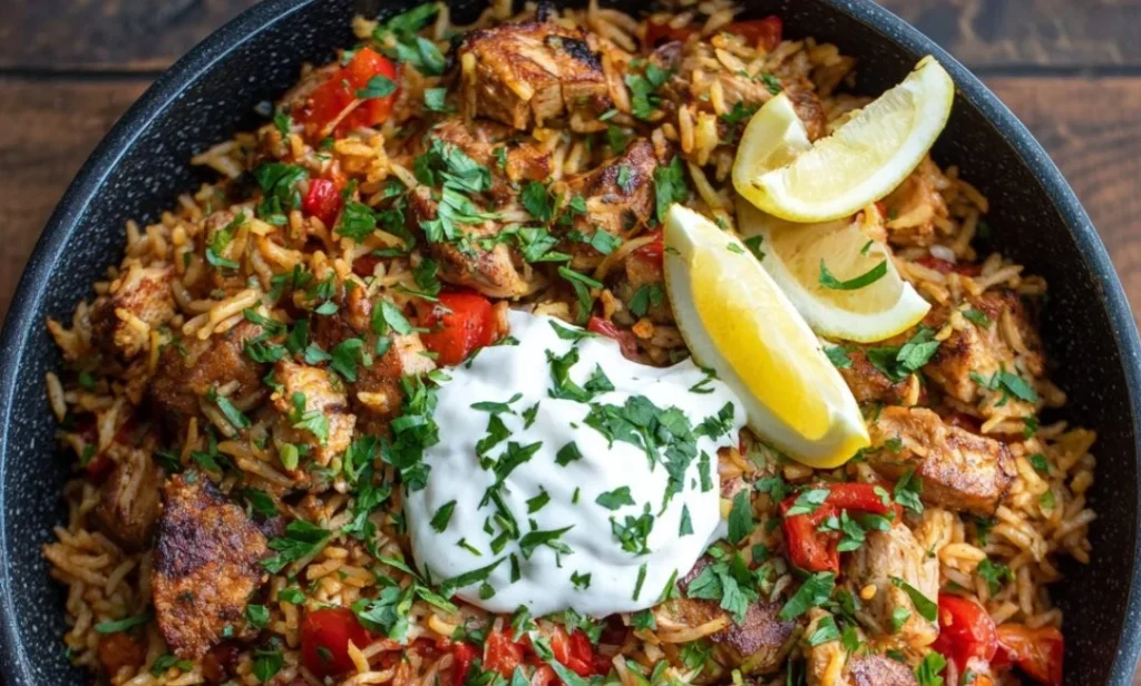 One Pot Chicken Shawarma Rice served with fresh vegetables and herbs
