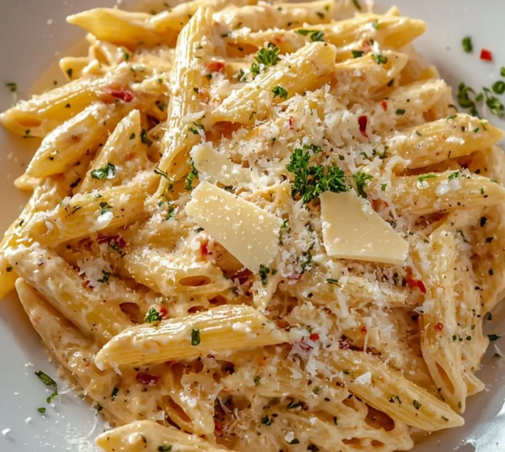 One Pot Creamy Garlic Pasta dish served in a bowl with garnish
