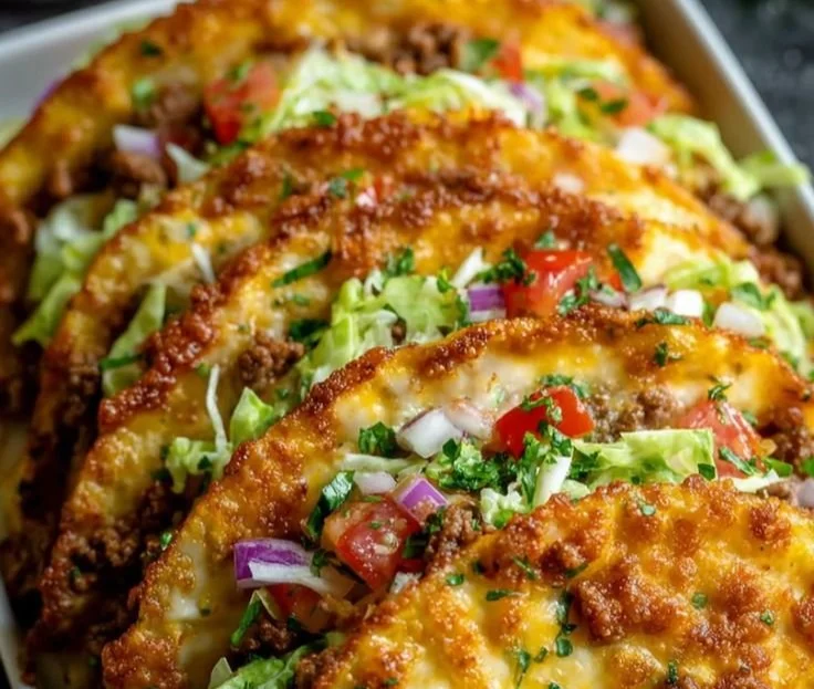 Oven-baked cheesy tacos freshly topped with melted cheese and colorful toppings