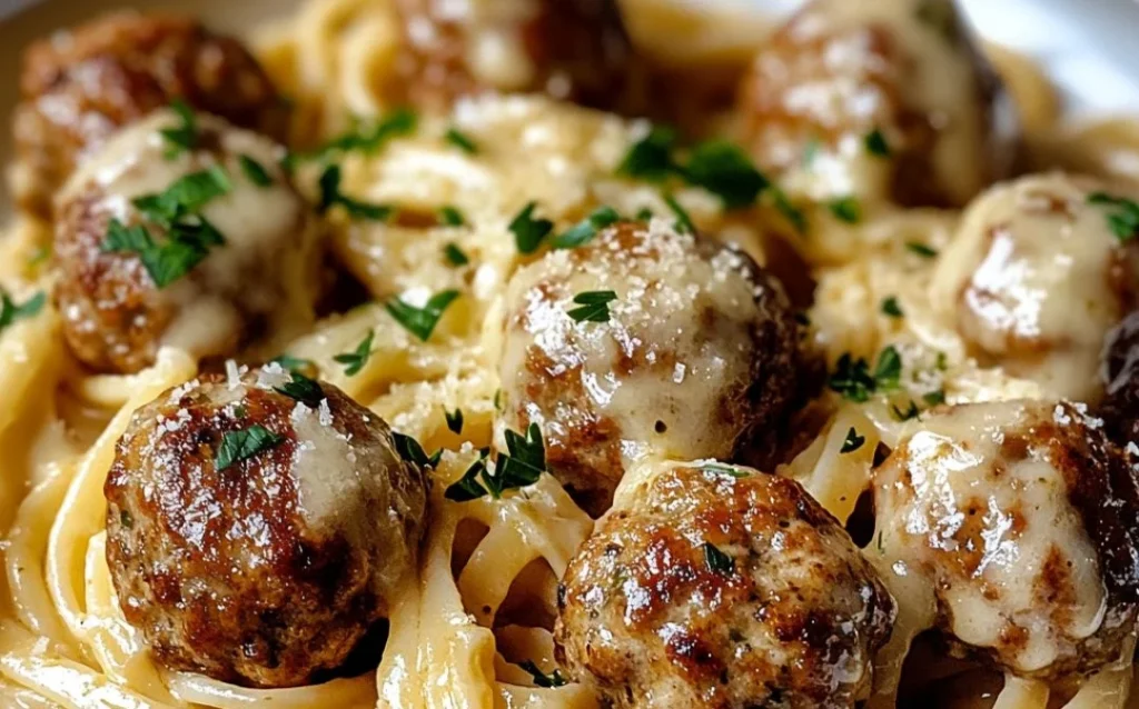 Plate of Parmesan linguine with garlic butter meatballs