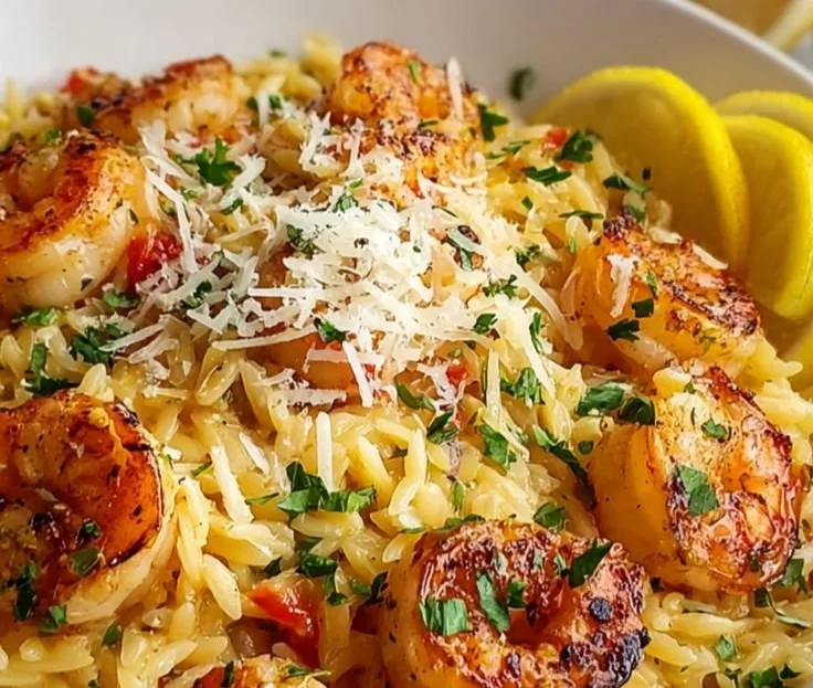 Creamy Parmesan Orzo with Shrimp in a bowl, garnished with herbs
