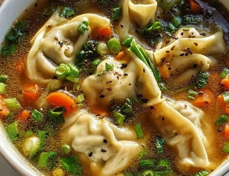 A hearty bowl of Potsticker Soup garnished with green onions in a rustic setting.