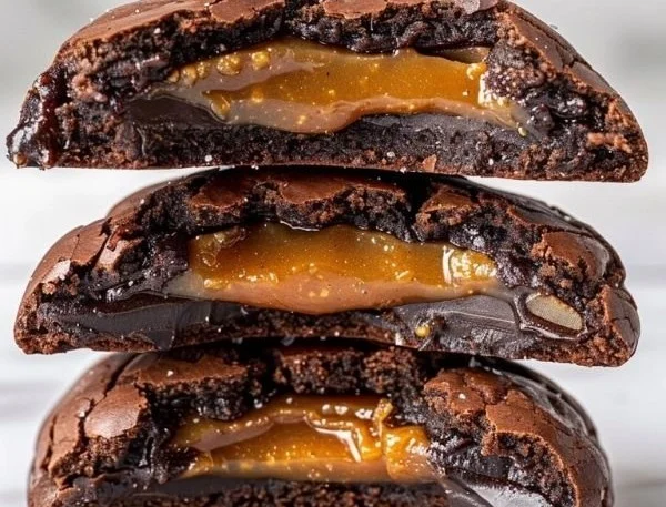 Freshly baked salted caramel chocolate cookies on a plate