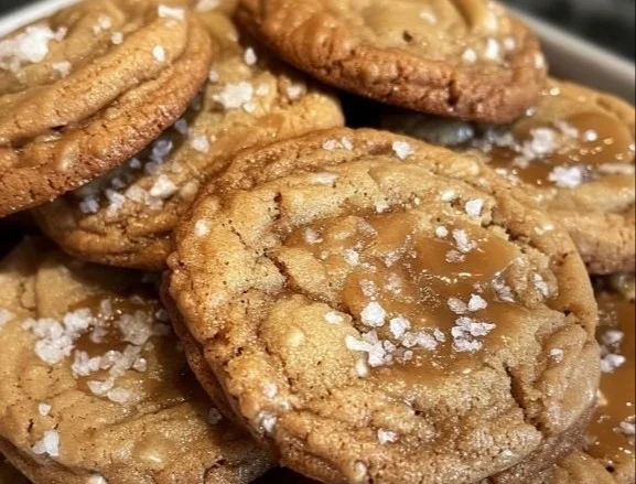 Homemade salted caramel cookies with a sprinkle of sea salt on top.
