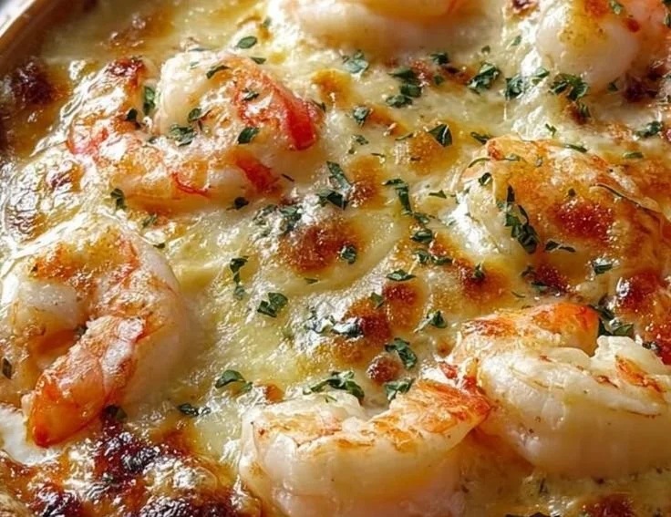Deliciously baked seafood gratin with shrimp, scallops, and cheese topping