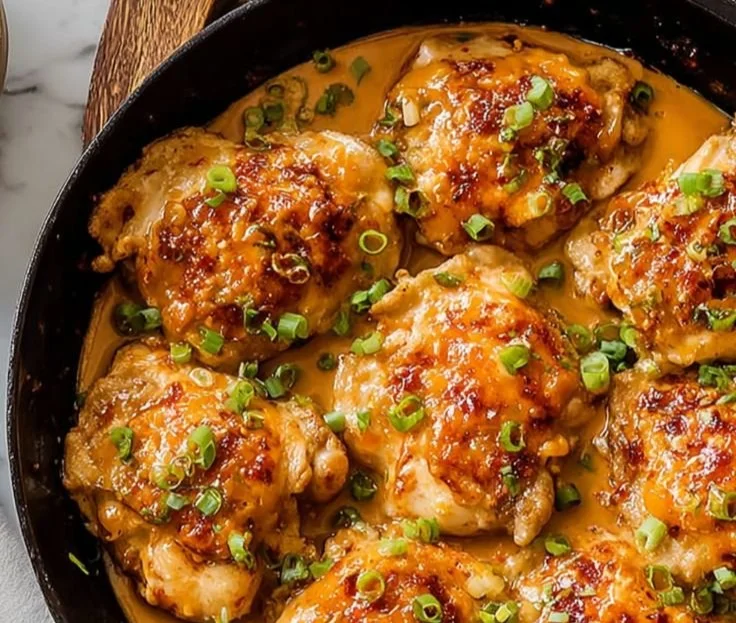 Skillet Bang Bang Chicken Thighs served with garnishes