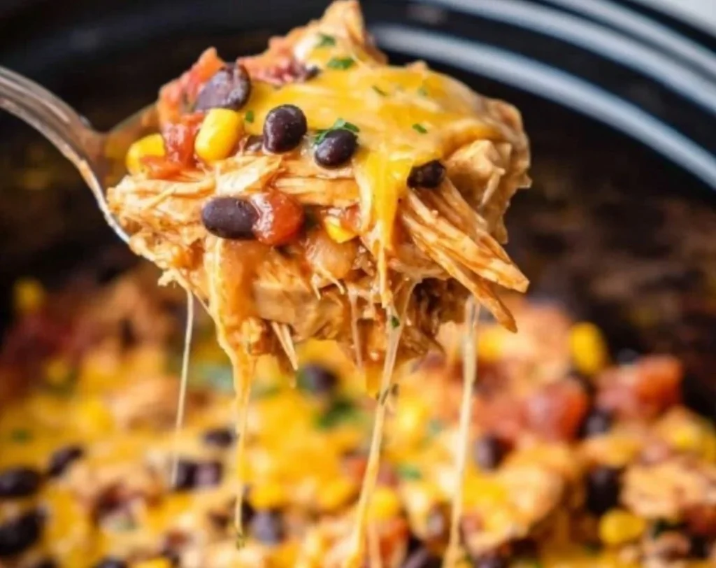 Slow cooker chicken enchilada casserole topped with cheese and served in a bowl.