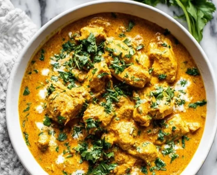 Delicious slow cooker chicken korma served in a traditional bowl.