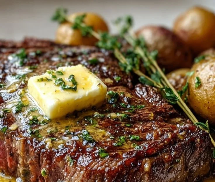 Slow Cooker Cowboy Butter Steak with Golden Potatoes served on a plate.