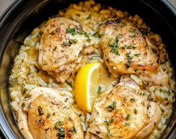 Slow Cooker Lemon Herb Chicken served with rice on a colorful plate