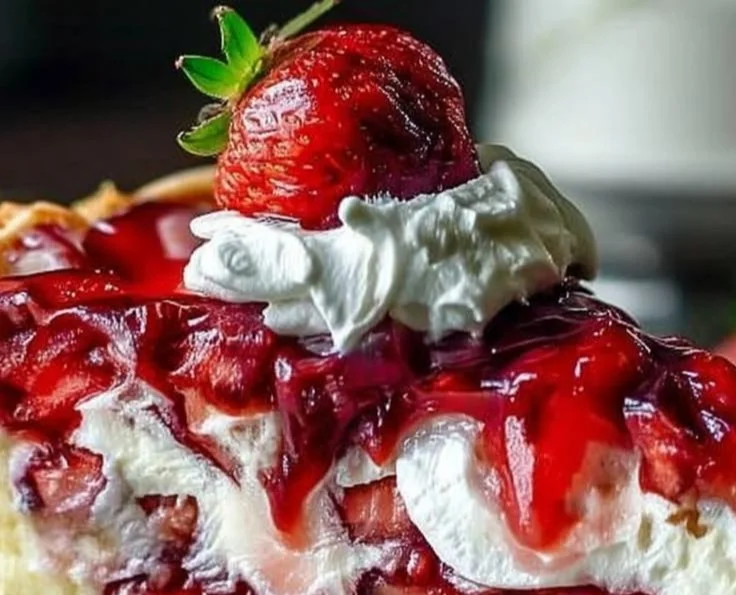 Delicious Strawberry Earthquake Cake with strawberries and cream cheese drizzle