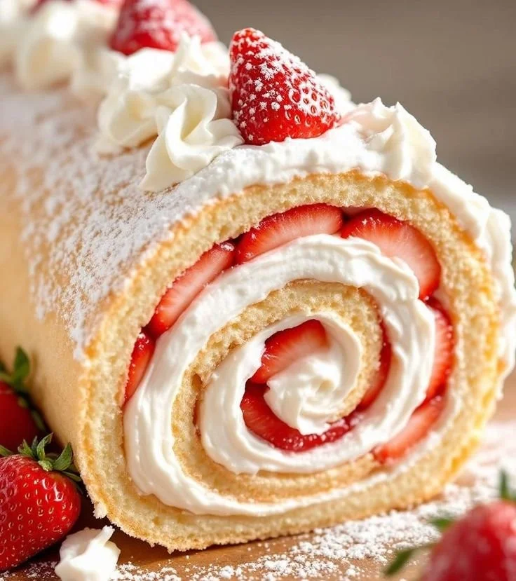 Delicious Strawberry Shortcake Cake Roll with fresh strawberries and whipped cream