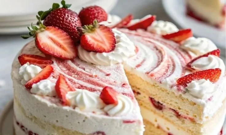 Fluffy strawberry shortcake layer cake with fresh strawberries and whipped cream