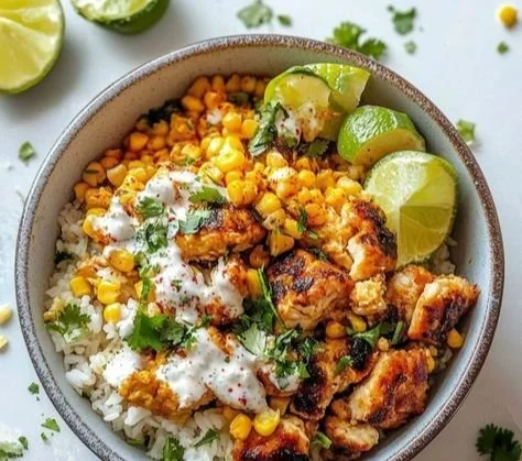 Delicious street corn chicken rice bowl with grilled chicken and corn toppings