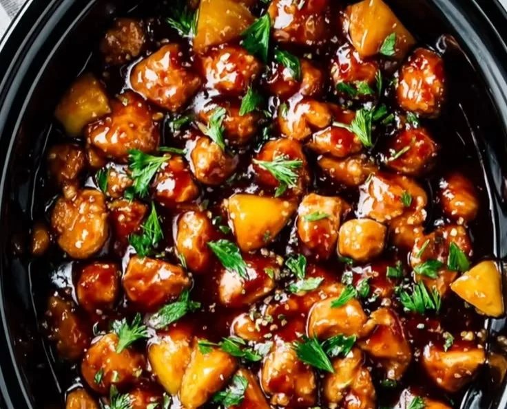 Sweet Hawaiian Crockpot Chicken with pineapple and fresh herbs