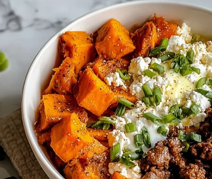 Delicious Sweet Potato Beef Bowl with hot honey and cottage cheese