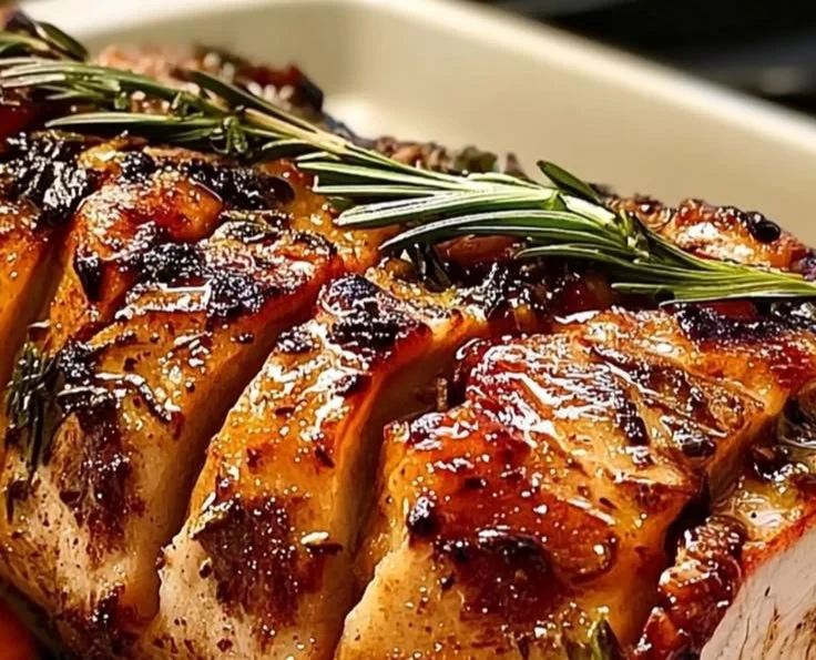 Tender and juicy pork loin roast garnished with herbs and spices.