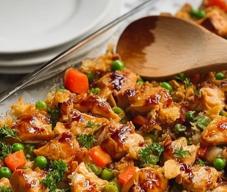 Delicious Teriyaki Chicken Casserole topped with green onions in a baking dish