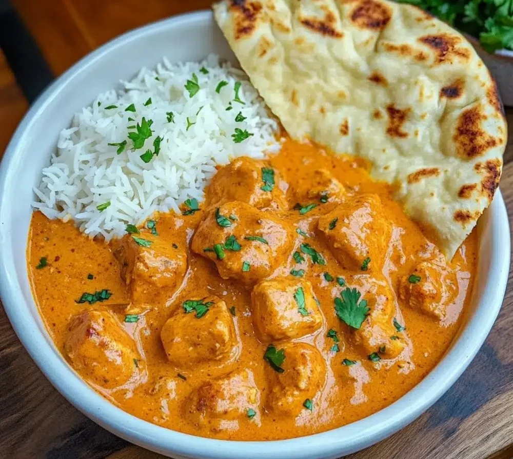 Delicious butter chicken served with rice and naan bread
