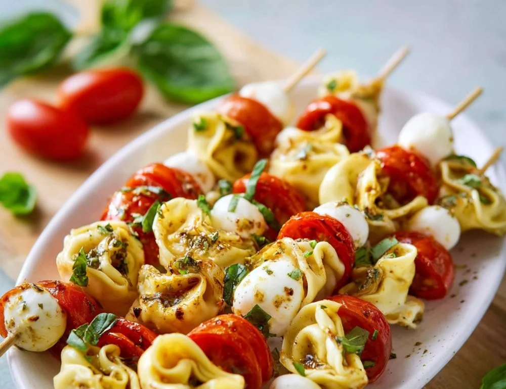 Delicious tortellini skewers with tomato and mozzarella stacked on a skewer